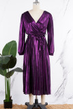 Пурпурные элегантные бронзовые плиссированные платья со складками уздечки и V-образным вырезом (с поясом)