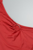 Red Sexy Solid Backless Asymmetrical Oblique Collar Long Dress Dresses