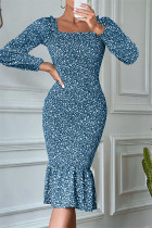 Blauwe mode casual print patchwork vierkante kraag lange mouwen jurken