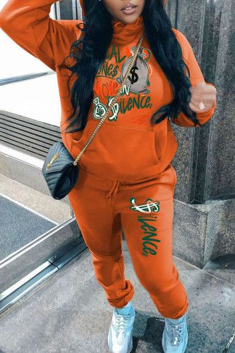 Orange Casual Street Print Patchwork Hooded Collar Long Sleeve Two Pieces
