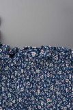 Blaue, modische, lässige, bedruckte, langärmlige Patchwork-Kleider mit quadratischem Kragen