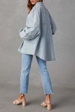 Голубая повседневная однотонная джинсовая куртка с отложным воротником в стиле пэчворк и длинным рукавом