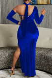 Azul sexy sólido retalhos sem costas fenda halter vestido de noite vestidos