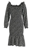 Schwarze, modische, lässige, bedruckte, langärmlige Patchwork-Kleider mit quadratischem Kragen