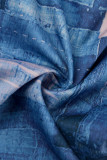 De cowboy blauwe casual street print patchwork pocket gesp met riem mandarijn kraag rechte jumpsuits