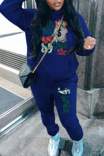 Blue Casual Street Print Patchwork Hooded Collar Long Sleeve Two Pieces
