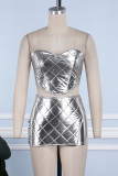 Silver Sexy Casual Solid Backless Strapless Sleeveless Two Pieces