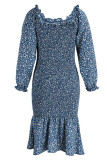 Blå Mode Casual Print Patchwork Långärmad Klänning med fyrkantig krage