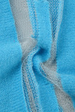 Blå Sexig Solid Patchwork Genomskinlig O-hals långärmade klänningar
