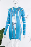 Blauwe sexy effen patchwork doorzichtige O-hals jurken met lange mouwen
