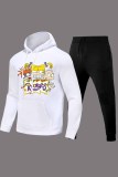 Black And White Casual Character Print Letter Hooded Collar Long Sleeve Two Pieces