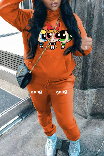 Orange Casual Print Hooded Collar Sweatshirt And Drawtring Pants Sportwear Plus Size Two Piece Jogger Set