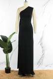 ブラック セクシー ソリッド バックレス 非対称 斜め襟 ロング ドレス ドレス
