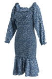 Blaue, modische, lässige, bedruckte, langärmlige Patchwork-Kleider mit quadratischem Kragen
