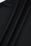 Черный Повседневная однотонная повязка Пэчворк Контраст С открытыми плечами Длинный рукав Из двух частей