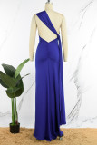 Синее сексуальное однотонное длинное платье с открытой спиной, асимметричным косым воротником, длинное платье, платья