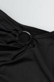 Vestidos pretos sexy lisos sem costas assimétricos com gola oblíqua