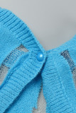 Blå Sexig Solid Patchwork Genomskinlig O-hals långärmade klänningar