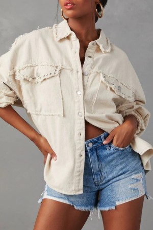 Apricot Casual Solid Patchwork Turndown Collar Long Sleeve Regular Raw Hem Denim Jacket