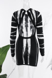 Zwart sexy effen patchwork doorzichtige O-hals jurken met lange mouwen