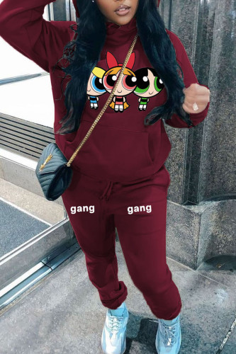 Burgundy Casual Print Hooded Collar Sweatshirt And Drawtring Pants Sportwear Plus Size Two Piece Jogger Set