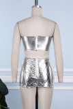 Silver Sexy Casual Solid Backless Strapless Sleeveless Two Pieces