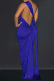 Blue Sexy Solid Backless Asymmetrical Oblique Collar Long Dress Dresses