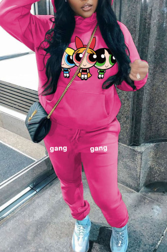 Rose Red Casual Print Hooded Collar Sweatshirt And Drawtring Pants Sportwear Plus Size Two Piece Jogger Set