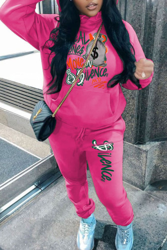 Rose Red Casual Street Print Patchwork Hooded Collar Long Sleeve Two Pieces
