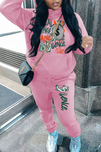 Pink Casual Street Print Patchwork Hooded Collar Long Sleeve Two Pieces