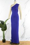 Синее сексуальное однотонное длинное платье с открытой спиной, асимметричным косым воротником, длинное платье, платья