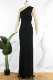 Black Sexy Solid Backless Asymmetrical Oblique Collar Long Dress Dresses