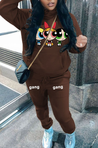 Brown Casual Print Hooded Collar Sweatshirt And Drawtring Pants Sportwear Plus Size Two Piece Jogger Set