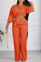 Orange Casual Solid Patchwork V Neck Long Sleeve Two Pieces