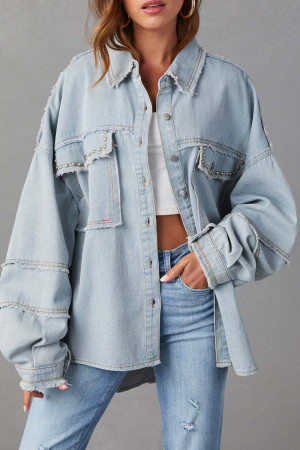 Light Blue Casual Solid Patchwork Turndown Collar Long Sleeve Regular Raw Hem Denim Jacket