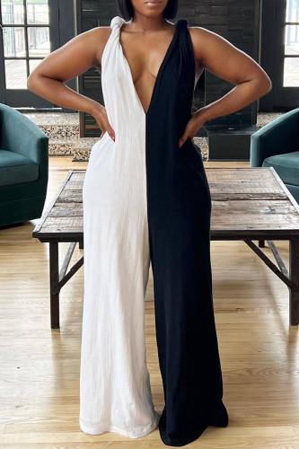 Black White Sexy Street Solid Bandage Patchwork V Neck Straight Jumpsuits