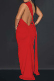 Red Sexy Solid Backless Asymmetrical Oblique Collar Long Dress Dresses