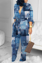 The cowboy blue Casual Street Print Patchwork Pocket Buckle With Belt Mandarin Collar Straight Jumpsuits