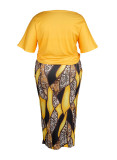 Mustard Yellow Casual Street Print Patchwork Oblique Collar Short Sleeve Two Pieces
