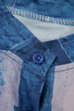La fibbia da tasca patchwork con stampa casual da strada blu da cowboy con cintura e tute dritte con collo alla coreana