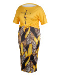 Mustard Yellow Casual Street Print Patchwork Oblique Collar Short Sleeve Two Pieces