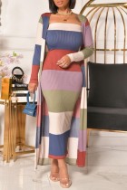 Разноцветный Повседневный Полосатый Лоскутный комплект из двух предметов с длинным рукавом