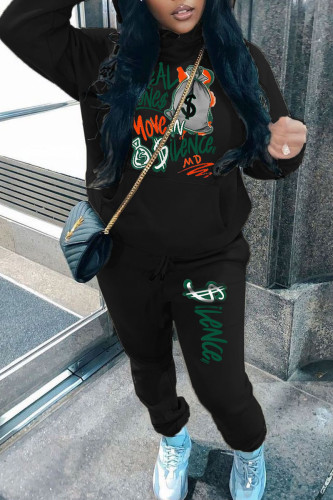 Black Casual Street Print Patchwork Hooded Collar Long Sleeve Two Pieces