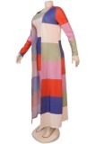 Multicolor Casual Striped Patchwork Long Sleeve Two Pieces