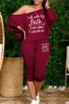 Burgundy Plus Size Casual Letter Patchwork Draw String Printing One Shoulder Plus Size Two Pieces