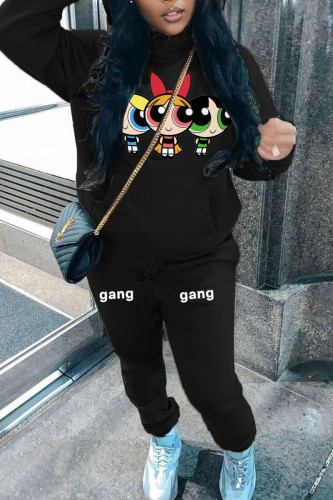 Black Casual Print Hooded Collar Sweatshirt And Drawtring Pants Sportwear Plus Size Two Piece Jogger Set