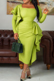 Grön Elegant Solid Patchwork Volang Kvadratklänning Klänningar med fyrkantig krage