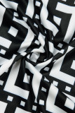 Zwarte casual print patchwork spleet schuine kraag tops