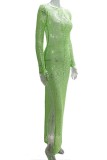 Vestido largo con cuello en O y abertura transparente ahuecado sólido sexy verde Vestidos