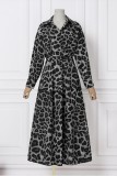 Kaffe Casual Print Leopard Patchwork Turndown-krage Långärmade klänningar